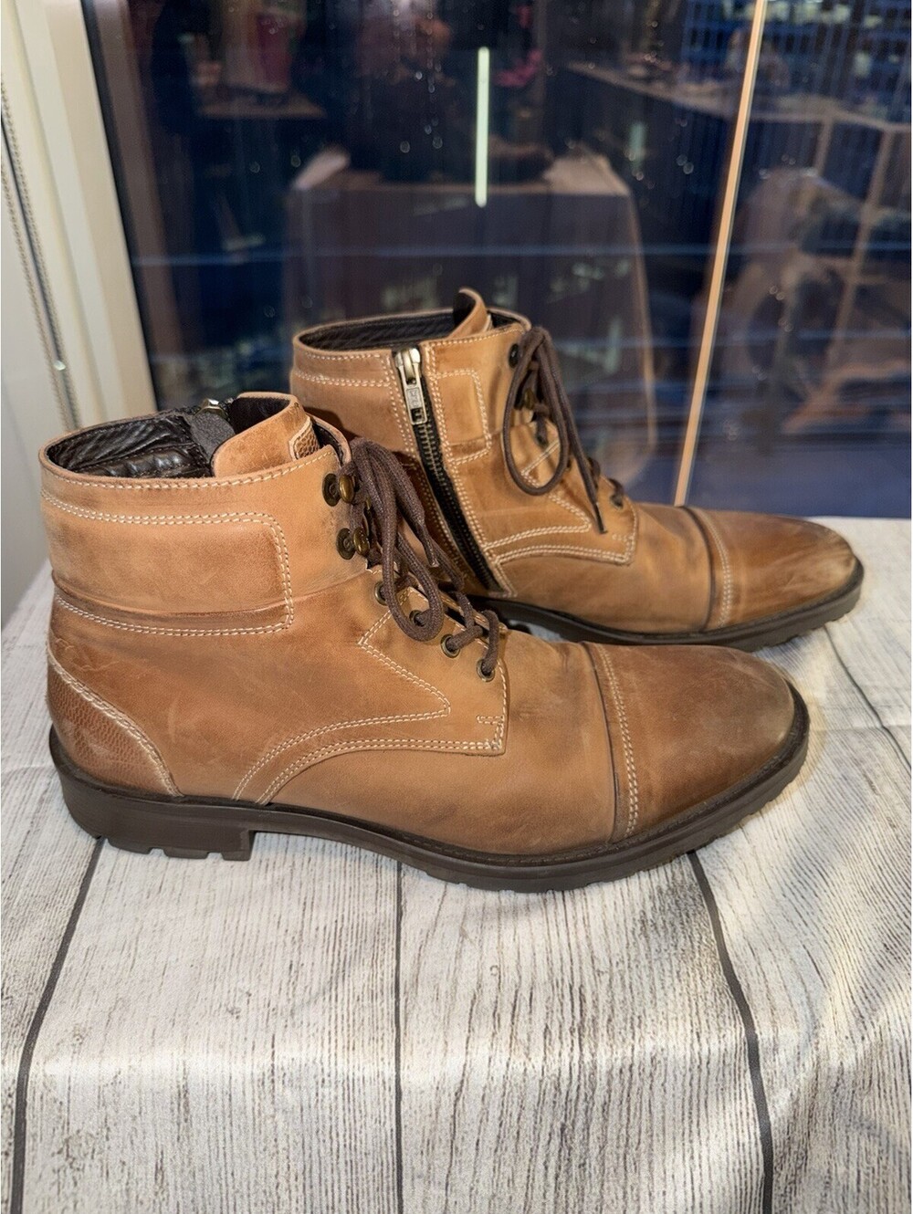 GBX Boots Mens Size 9M Brown Leather Side Zip Chunky Sole Biker Shoes Boots